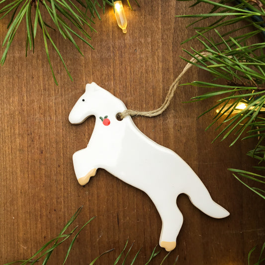 Jumping White Horse with Holly - Ceramic Christmas Ornament