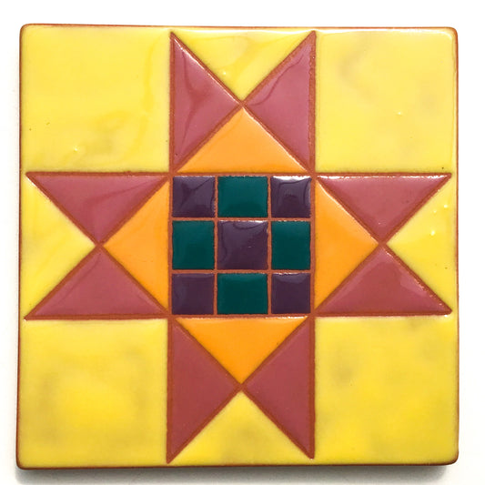 Checkered Ohio Star Quilt Block Coaster - Ceramic Art Tile #28
