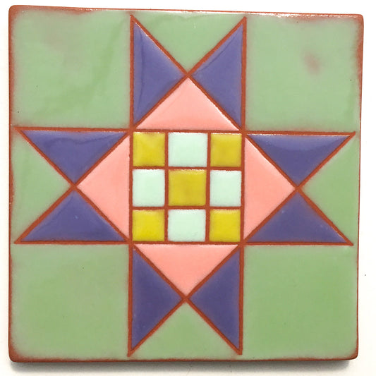 Checkered Ohio Star Quilt Block Coaster - Ceramic Art Tile #29