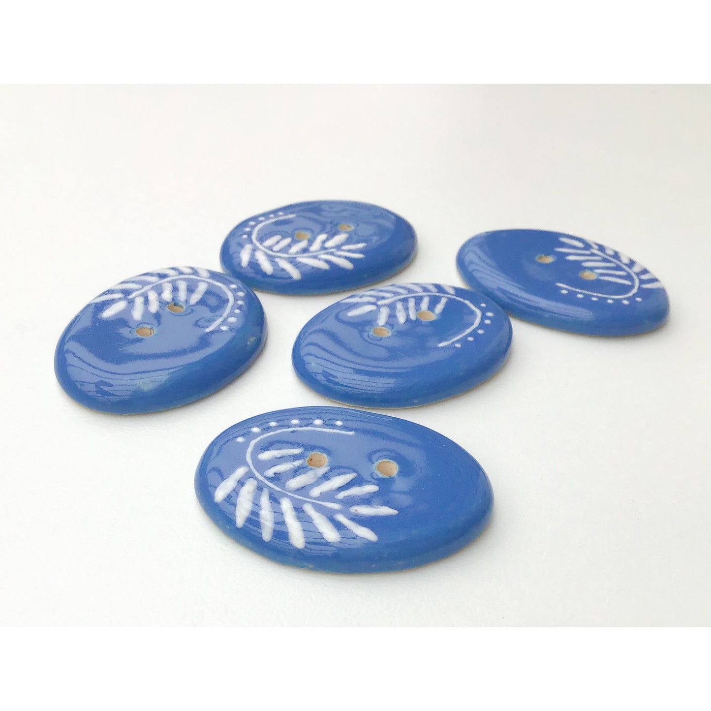 Cerulean Blue Ceramic Buttons with White Design - Large Oval Button - 1" x 1 3/8" (ws-41)