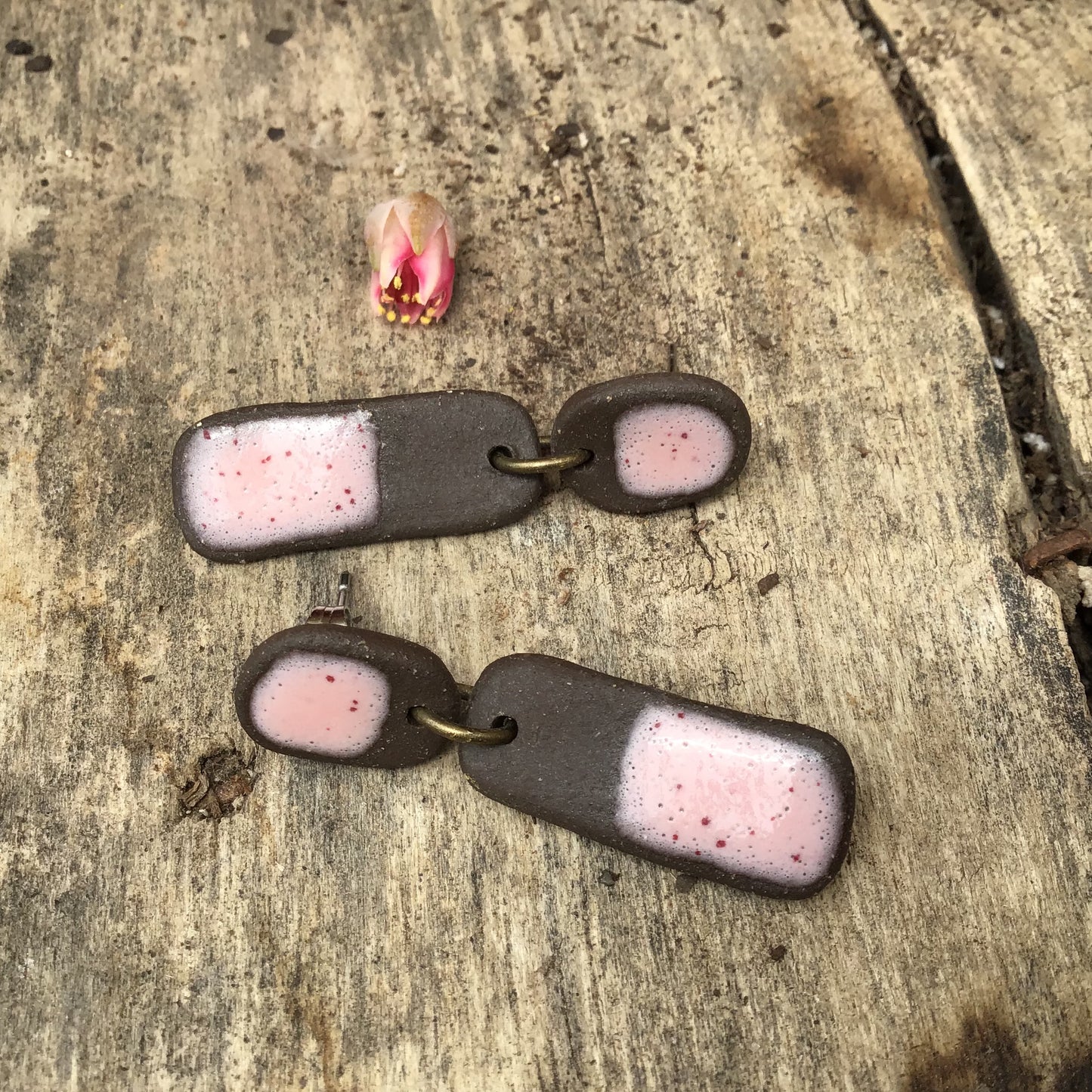 Black Clay + Speckled Pink Ceramic Earrings - Rustic Ceramic Dangle Earrings