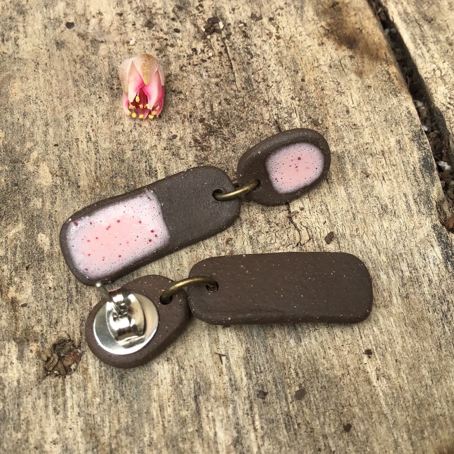 Black Clay + Speckled Pink Ceramic Earrings - Rustic Ceramic Dangle Earrings