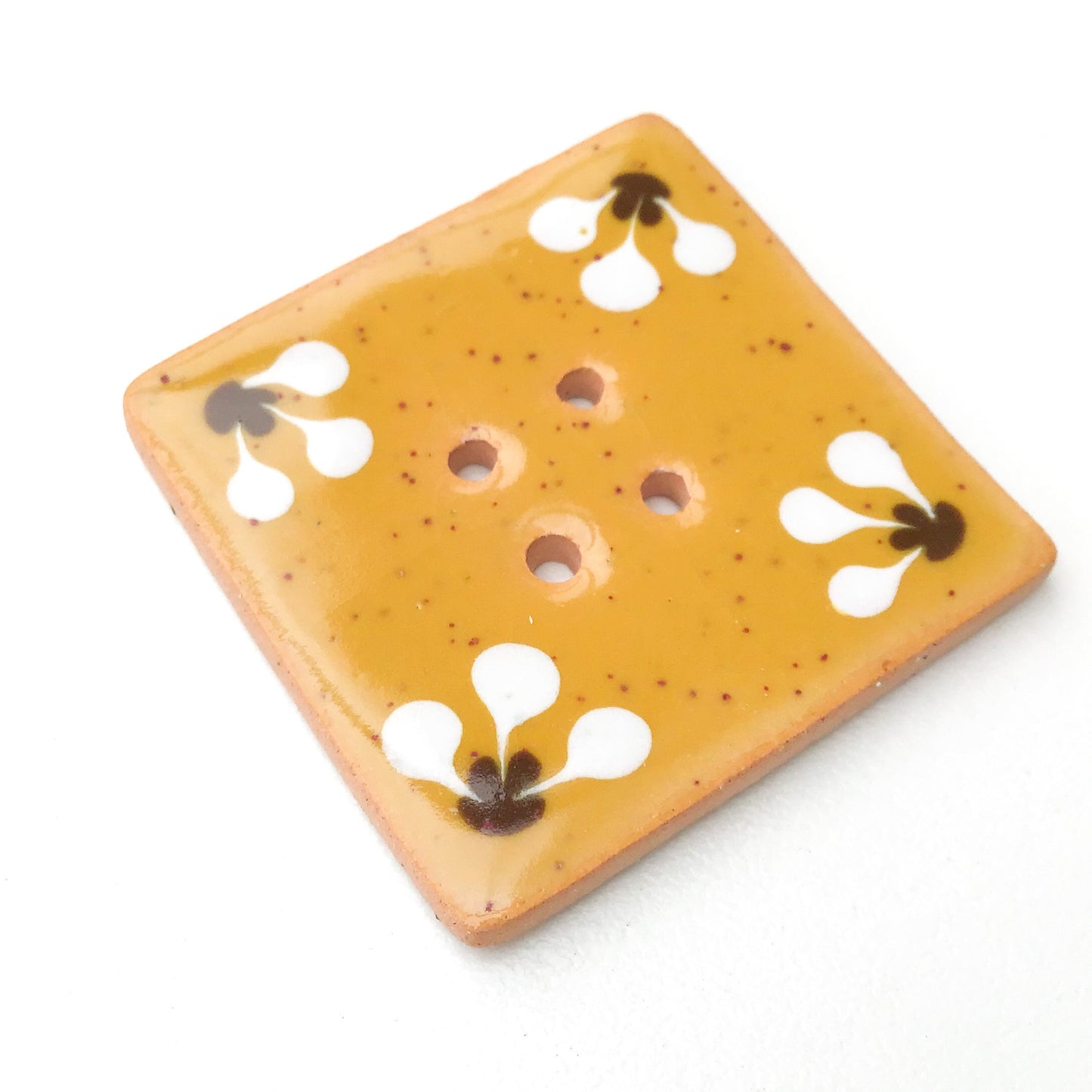 Large Square Decorative Button - Speckled Mustard - Brown - White - Art Button - 1 7/16"