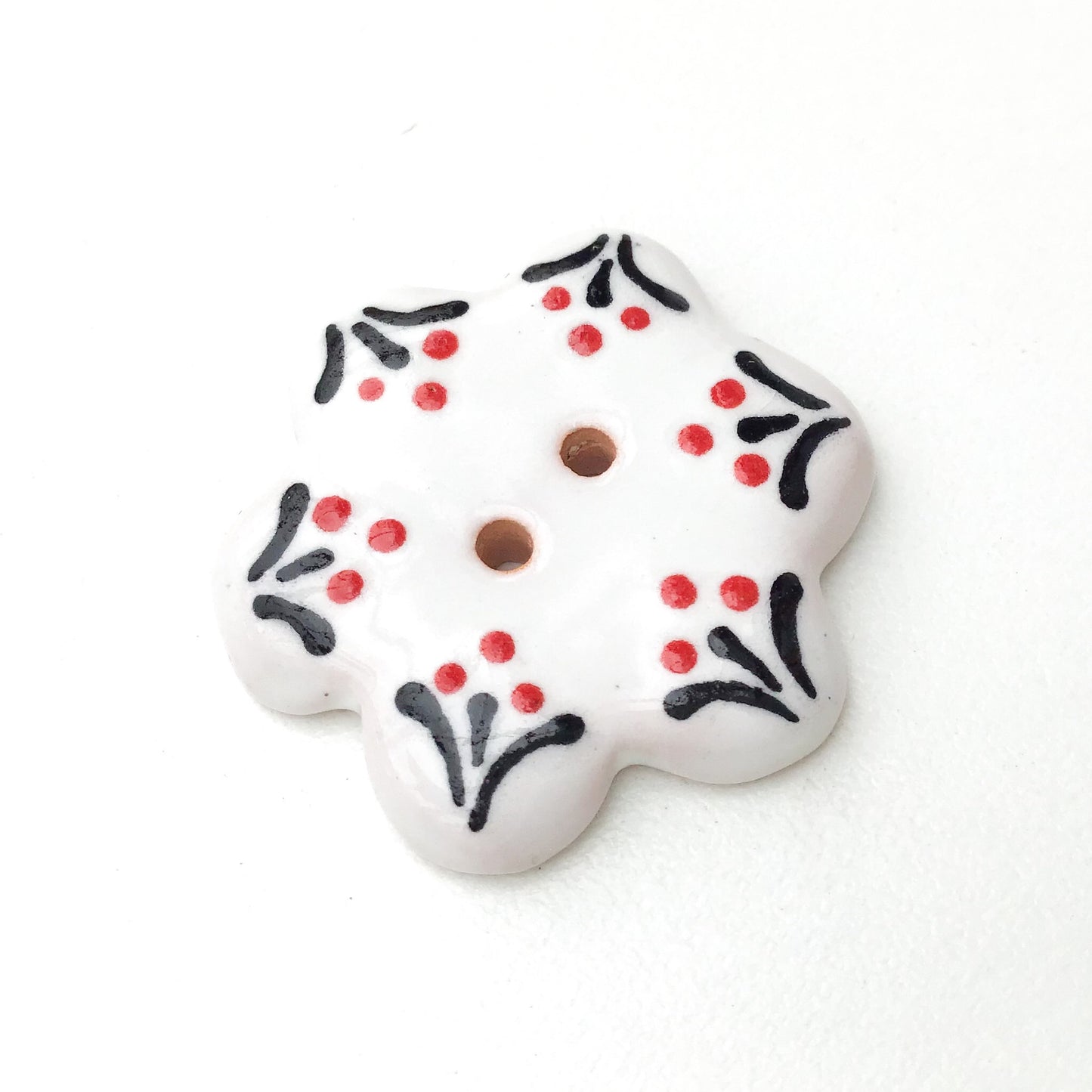 White Flower Button with Delicate Glaze Detail - White - Red - Black Ceramic Button - 1 1/4"