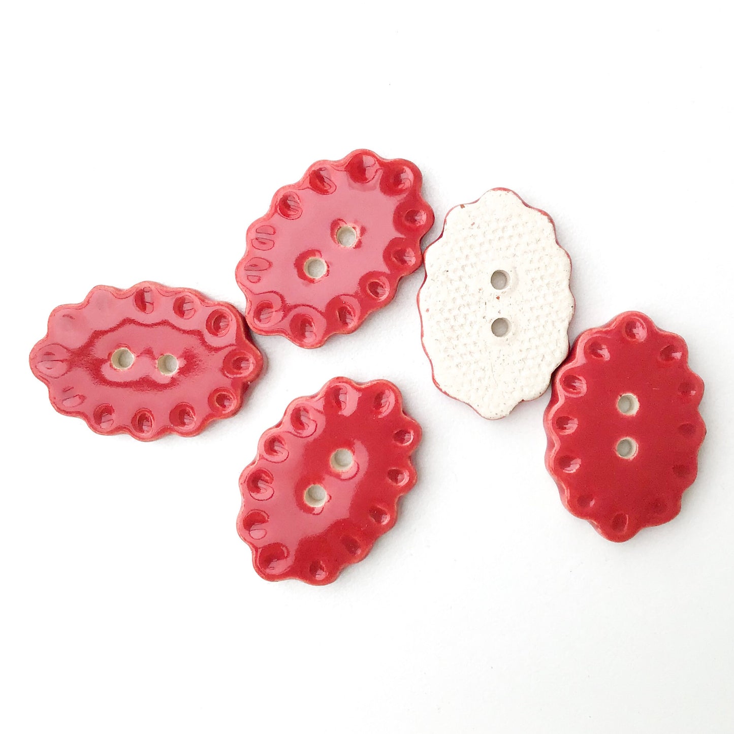 Scalloped Red Ceramic Buttons  3/4" x 1-1/16" - 5 Pack