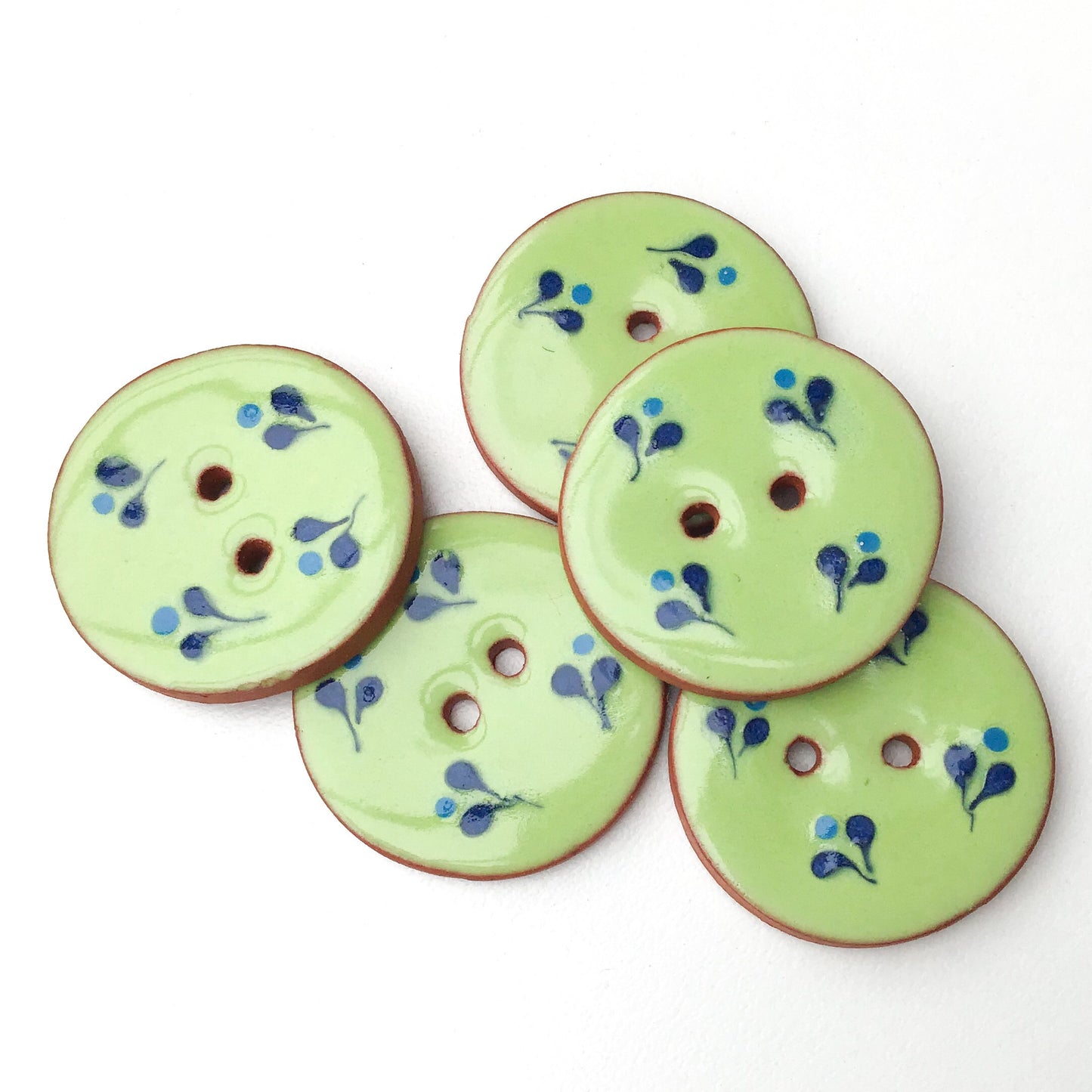 Decorative Ceramic Button with Small Floral Print - Green - Blue Clay Buttons - 1 1/16" (ws-65)