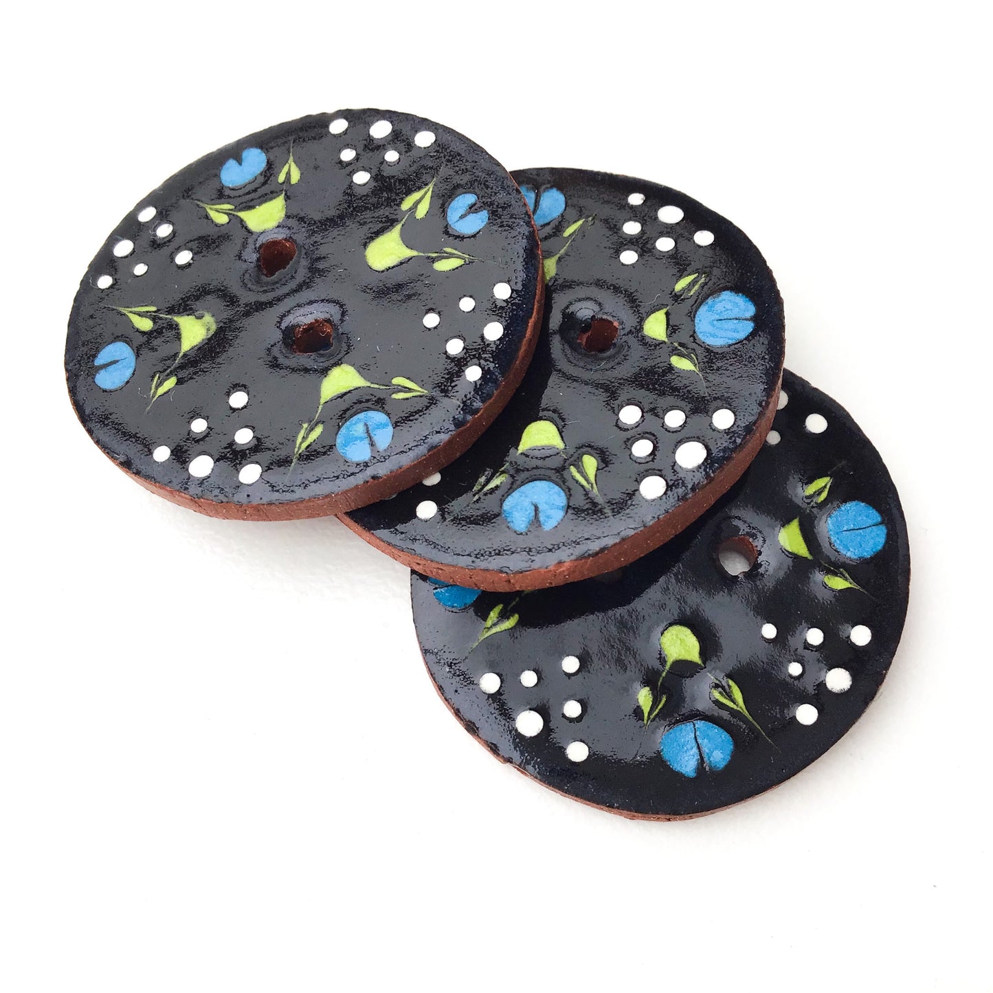 Black Ceramic Button with Blue Flowers - Decorative Clay Button - 1 1/16"