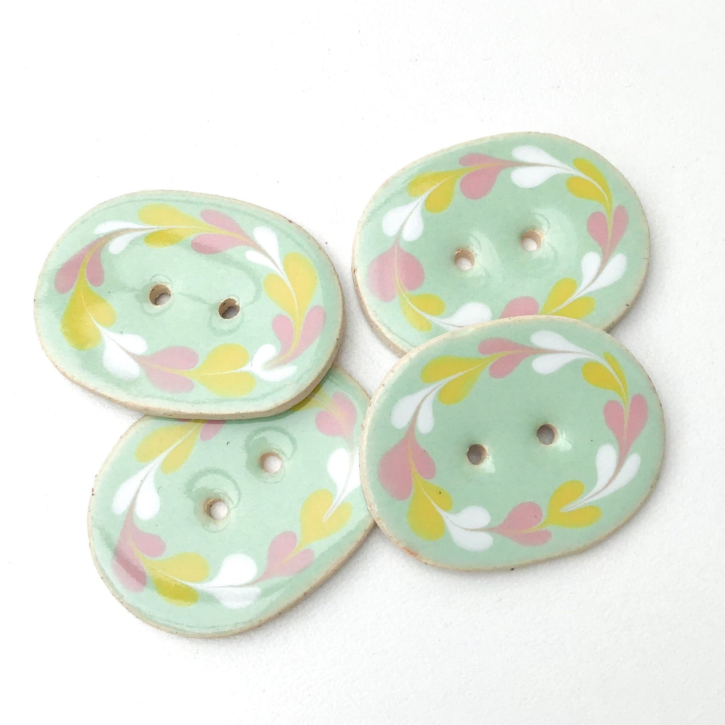 Decorative Ceramic Button with Floral Print Border - Aqua - Mint Green - Blue Clay Buttons - 1" x 1 1/4"