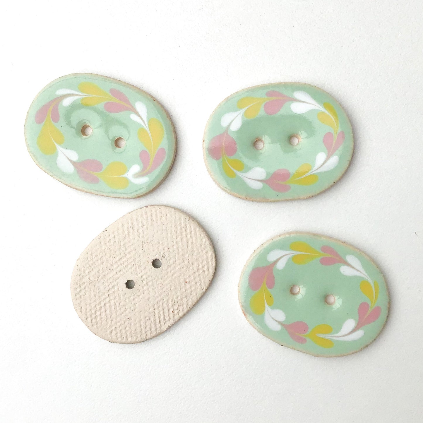 Decorative Ceramic Button with Floral Print Border - Aqua - Mint Green - Blue Clay Buttons - 1" x 1 1/4"