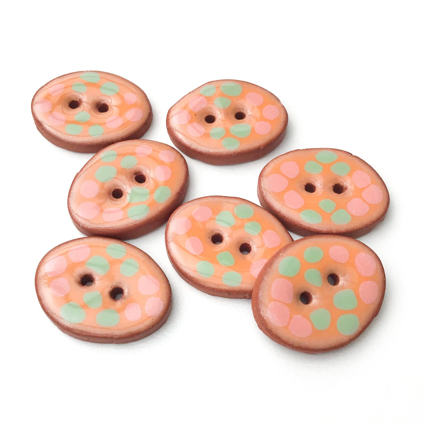 Decorative Oval Ceramic Buttons - Sorbet Orange with Salmon Pink + Mint Green Dot Pattern - 5/8" x 7/8" - 7 Pack