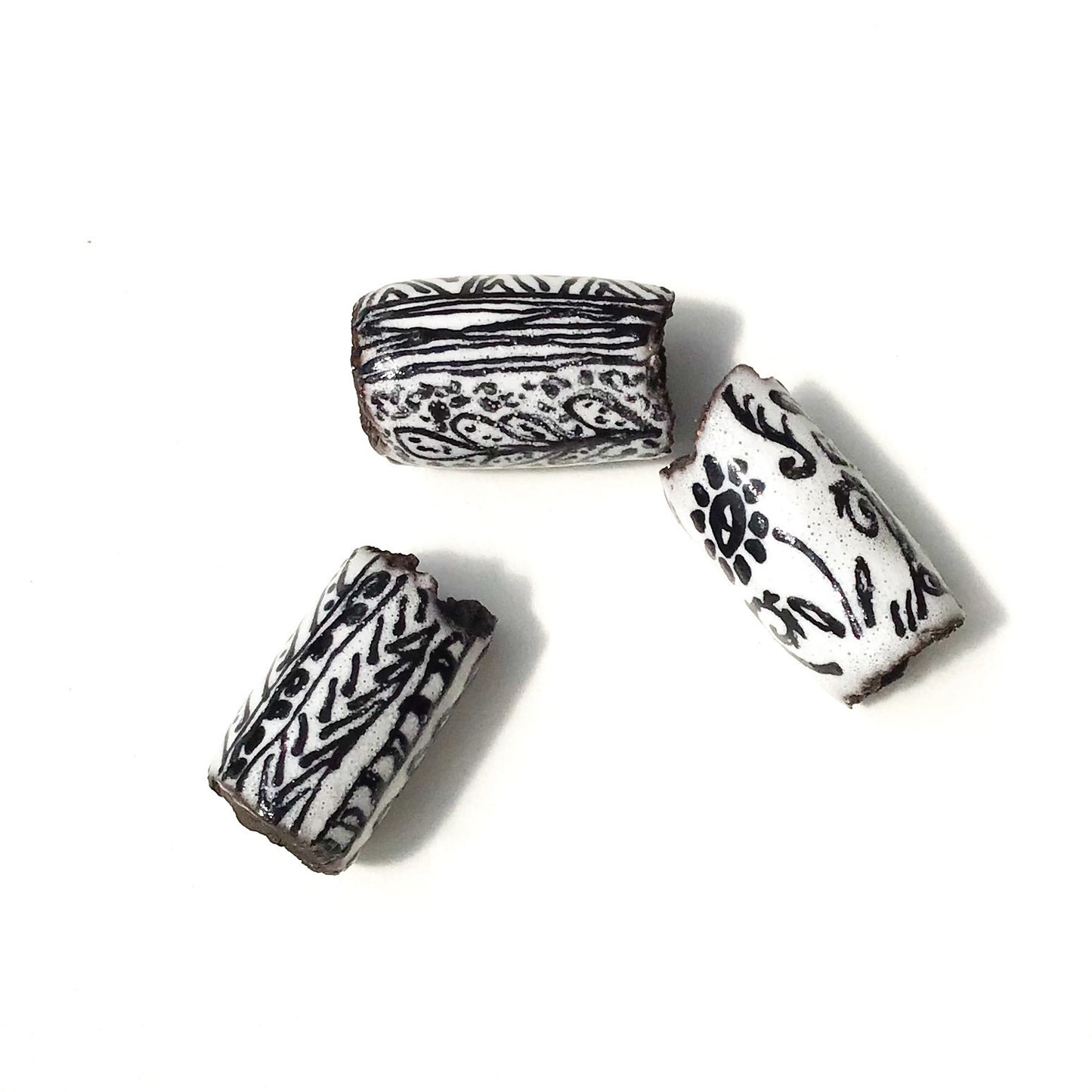 Black Clay Beads with Handpainted Detail - Black and White Beads - Set of 3