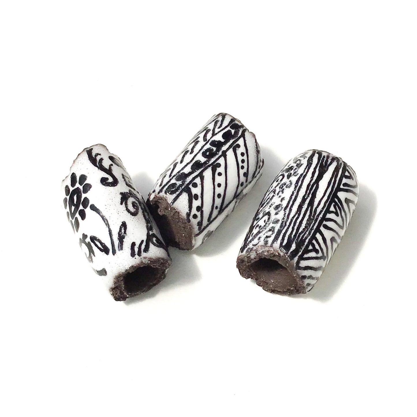 Black Clay Beads with Handpainted Detail - Black and White Beads - Set of 3