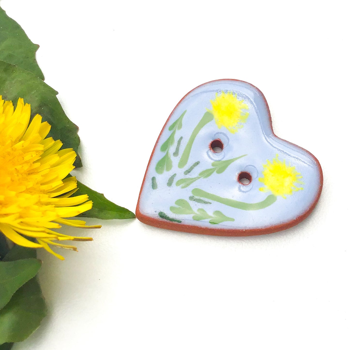 "A Weed is a Flower" Heart Button - Blue Ceramic Heart Button with Dandelions  - 1 3/8"