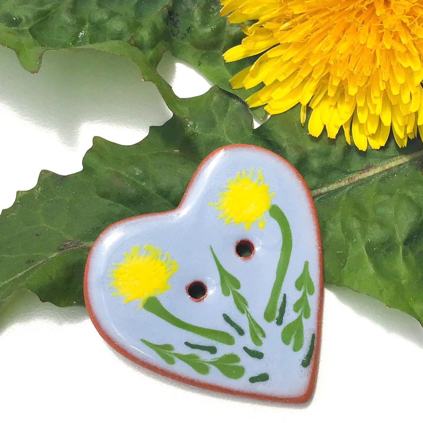 "A Weed is a Flower" Heart Button - Blue Ceramic Heart Button with Dandelions  - 1 3/8"