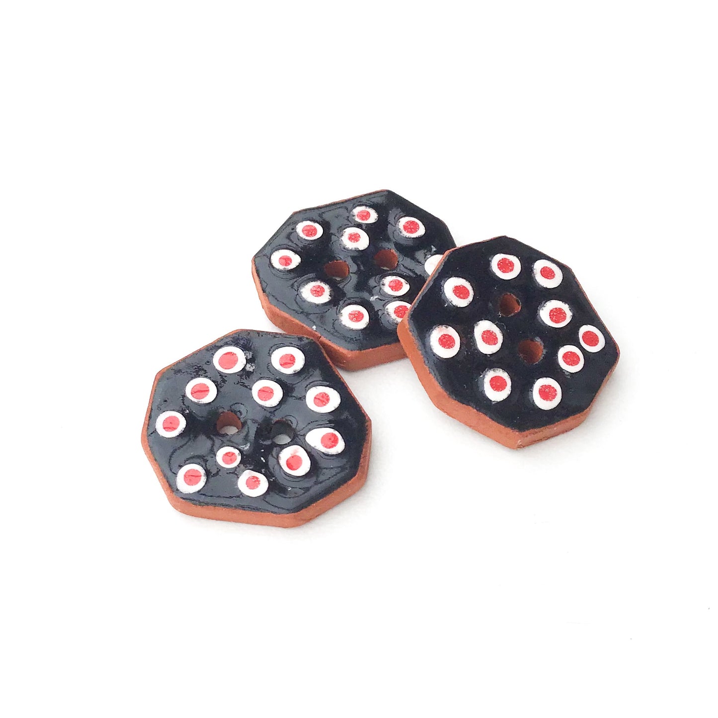 Geometric Buttons - Black with Red & White Dots - 5/8" x 3/4" - 3 Pack
