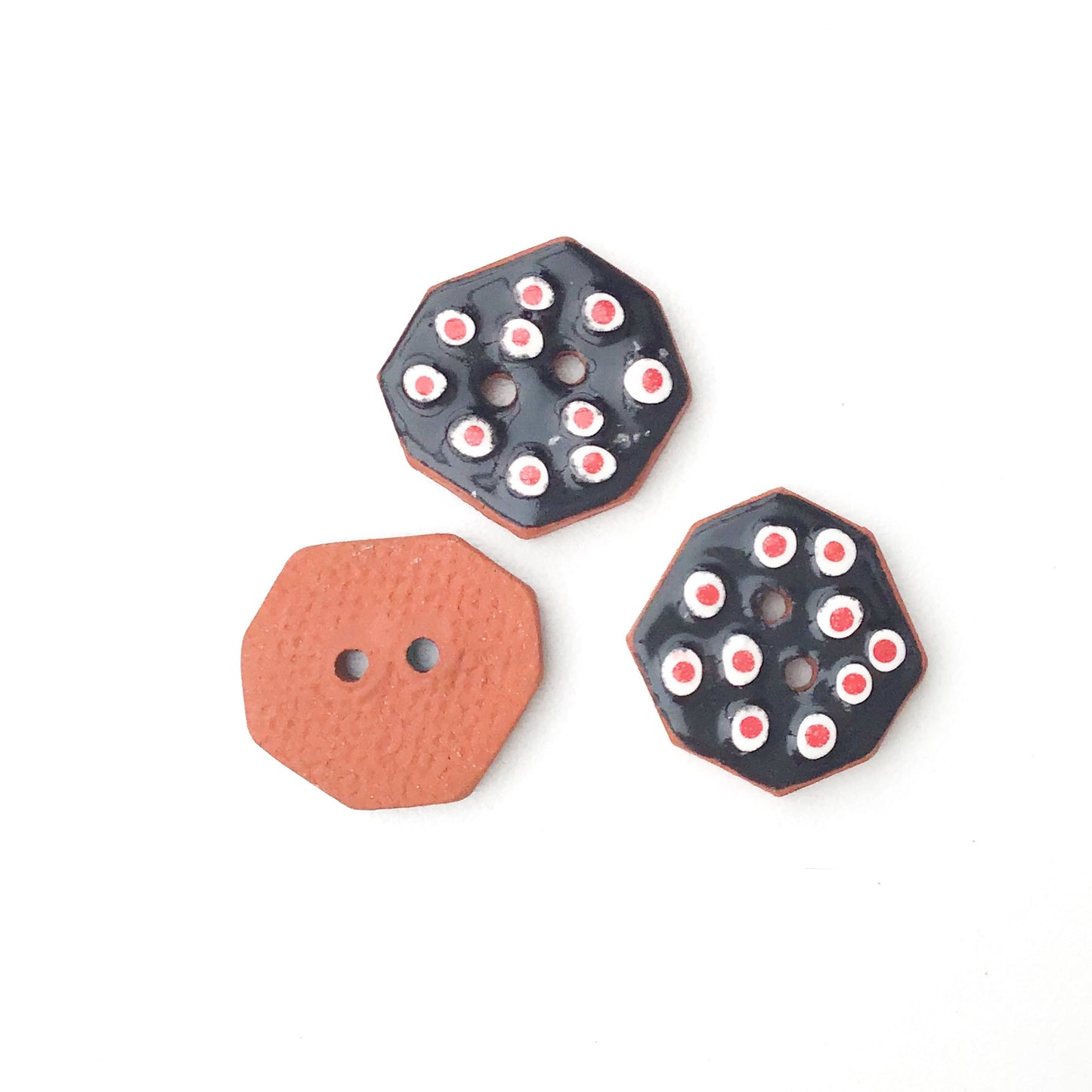 Geometric Buttons - Black with Red & White Dots - 5/8" x 3/4" - 3 Pack