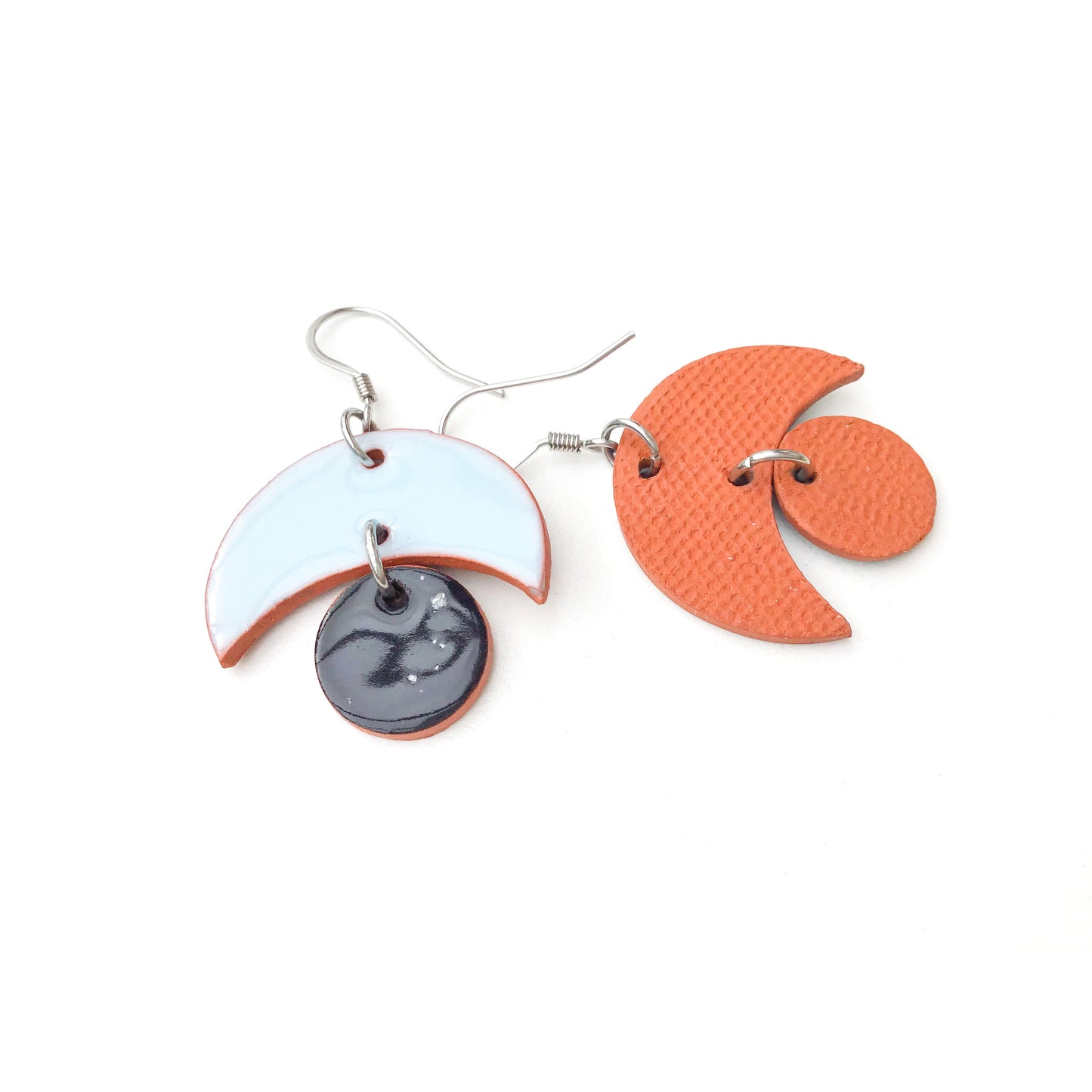 Small Crescent and Circle Earrings: Ceramic Earrings in Sky Blue and Black