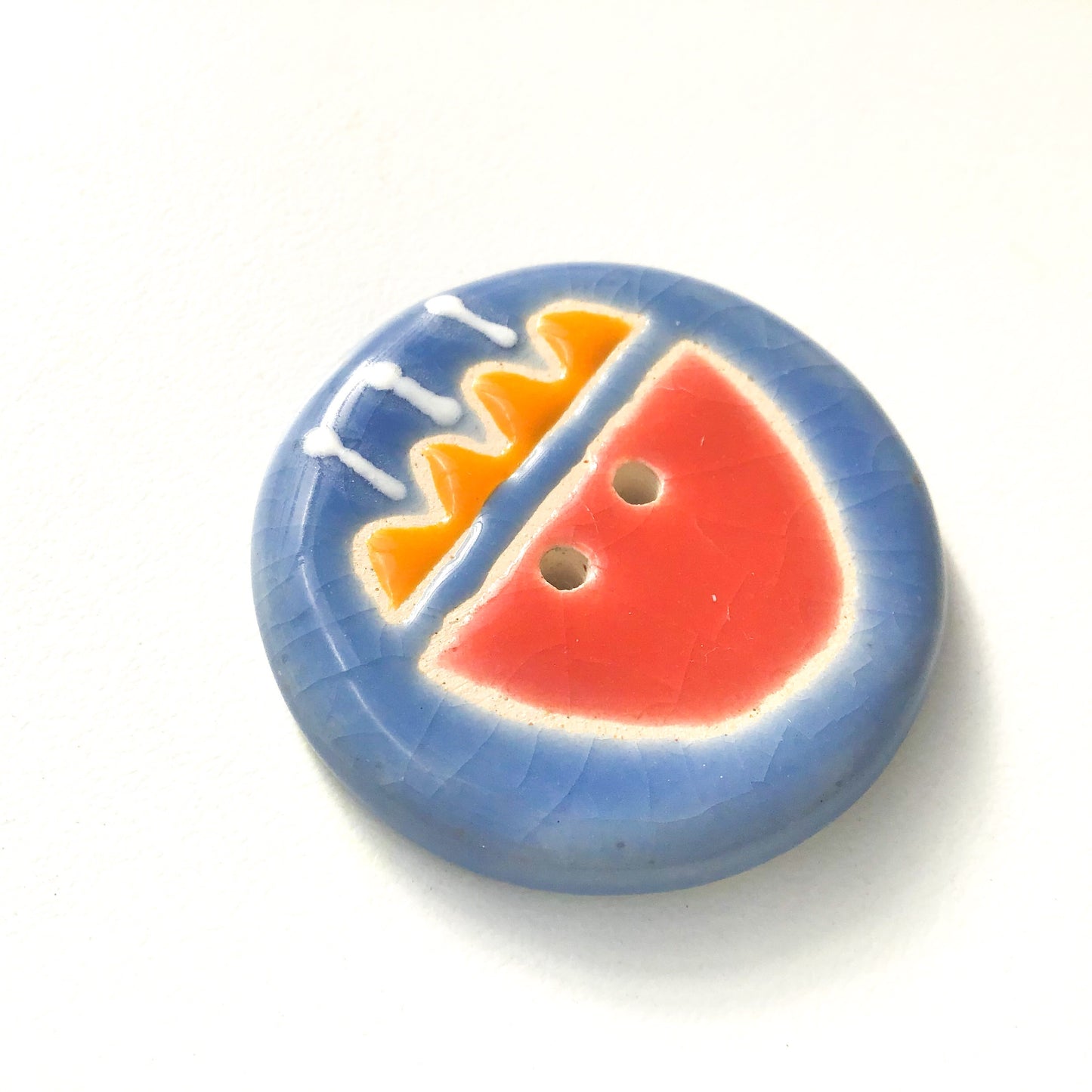 Quilted Flower Button - Salmon & Orange on Blue Background - 1 1/2"