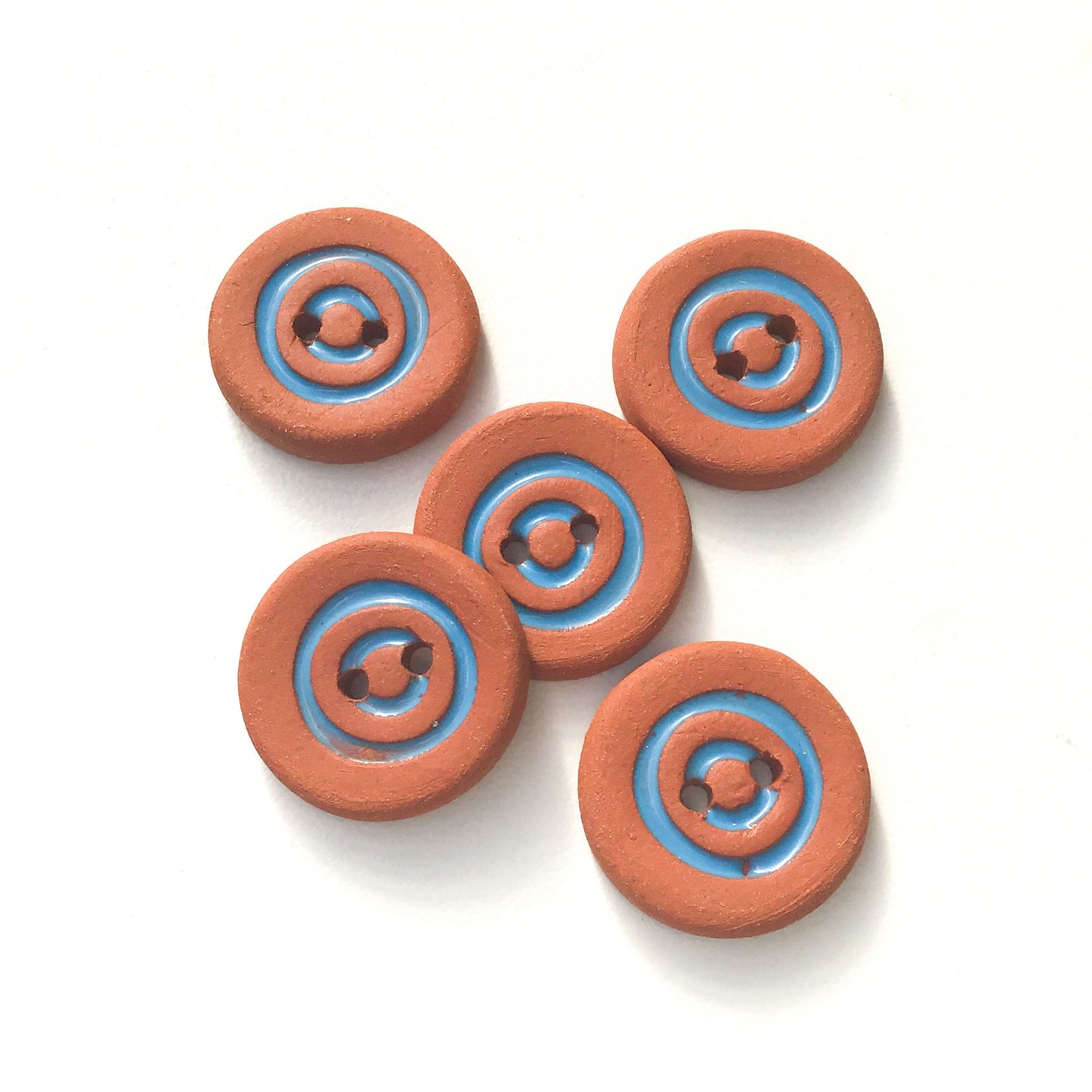 Cerulean Blue Concentric Circle Ceramic Buttons on Terracotta Clay - 3/4" - 5 Pack