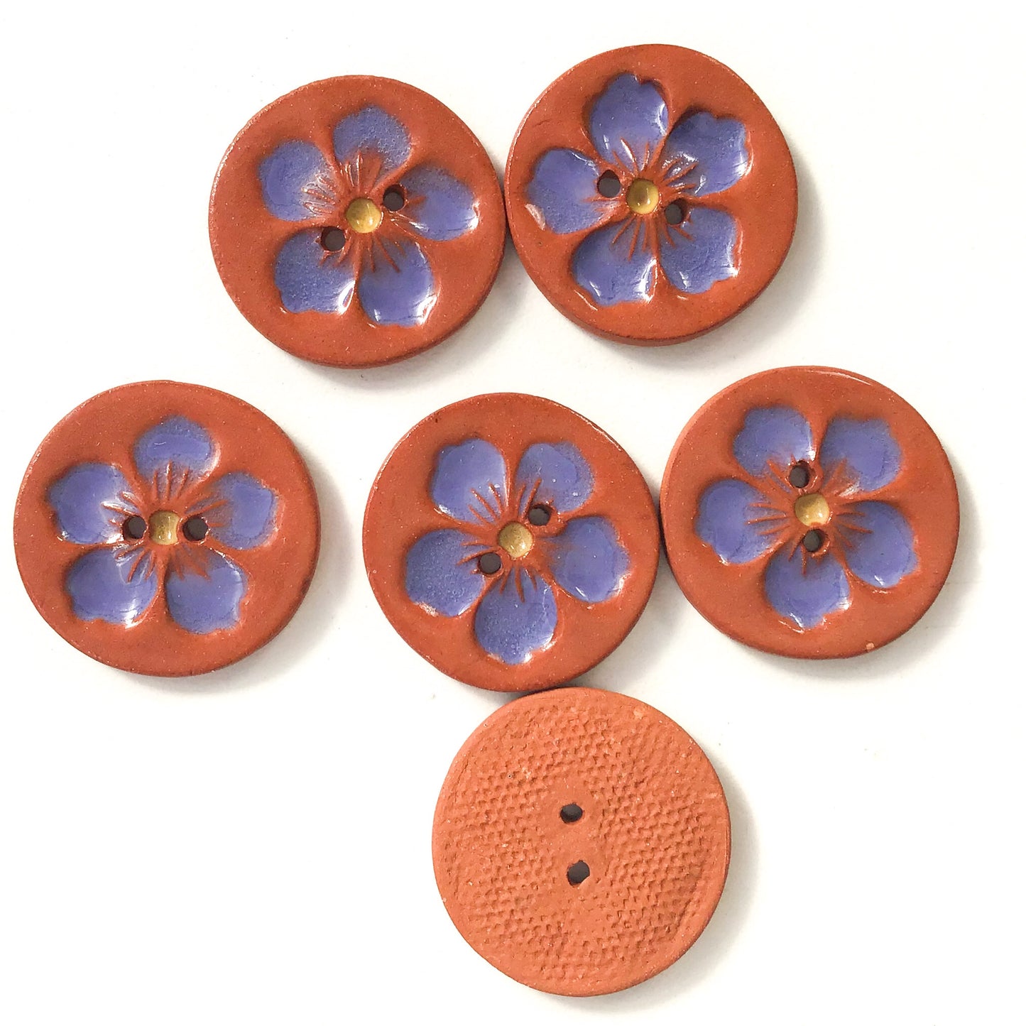 Hawaiian Petals Button - Blue-Purple Bloom on Red Clay - 1 1/16" (ws-99)