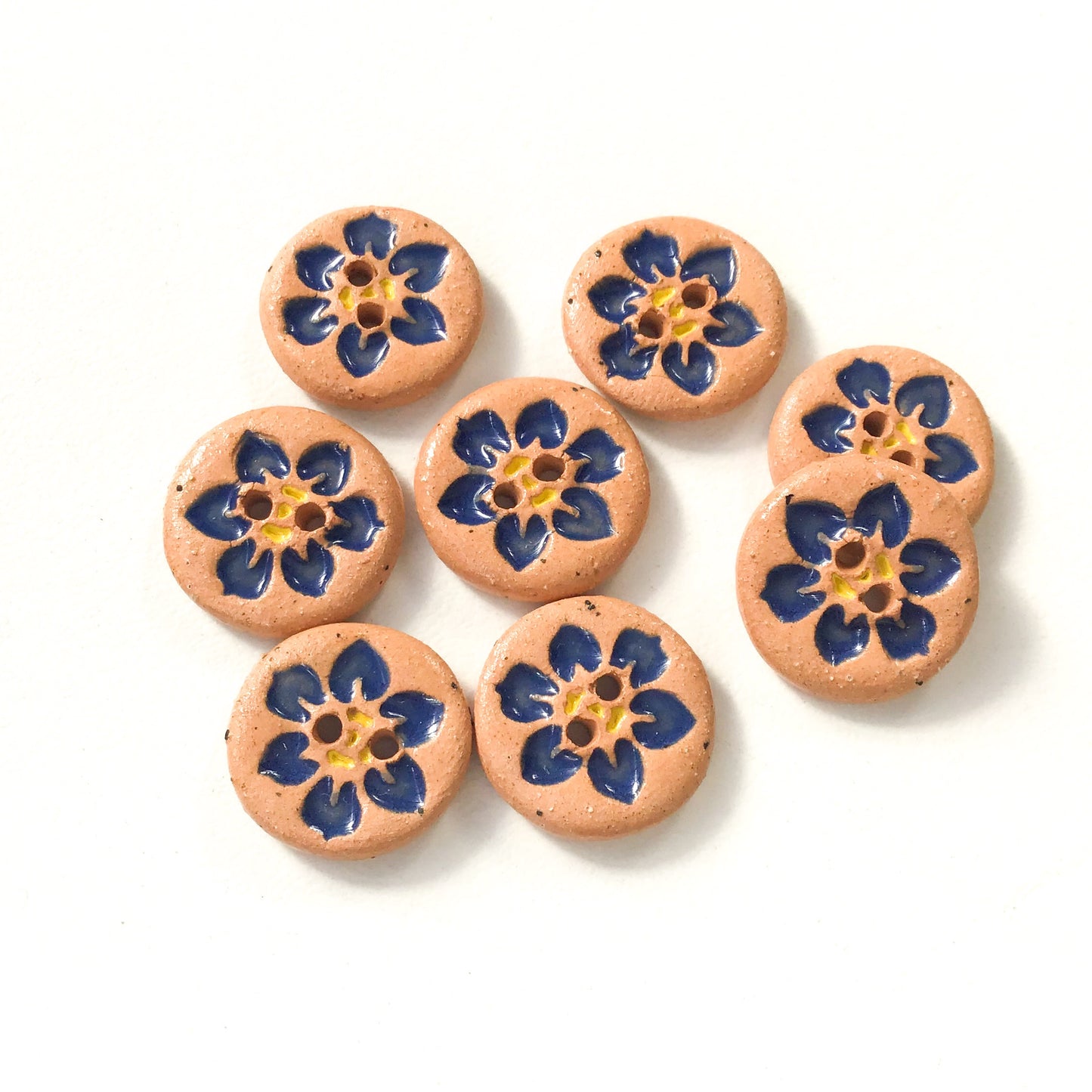 Hawaiian Petals Button - Dark Blue Bloom on Brown Clay - 9/16" - 8 Pack (ws-101)