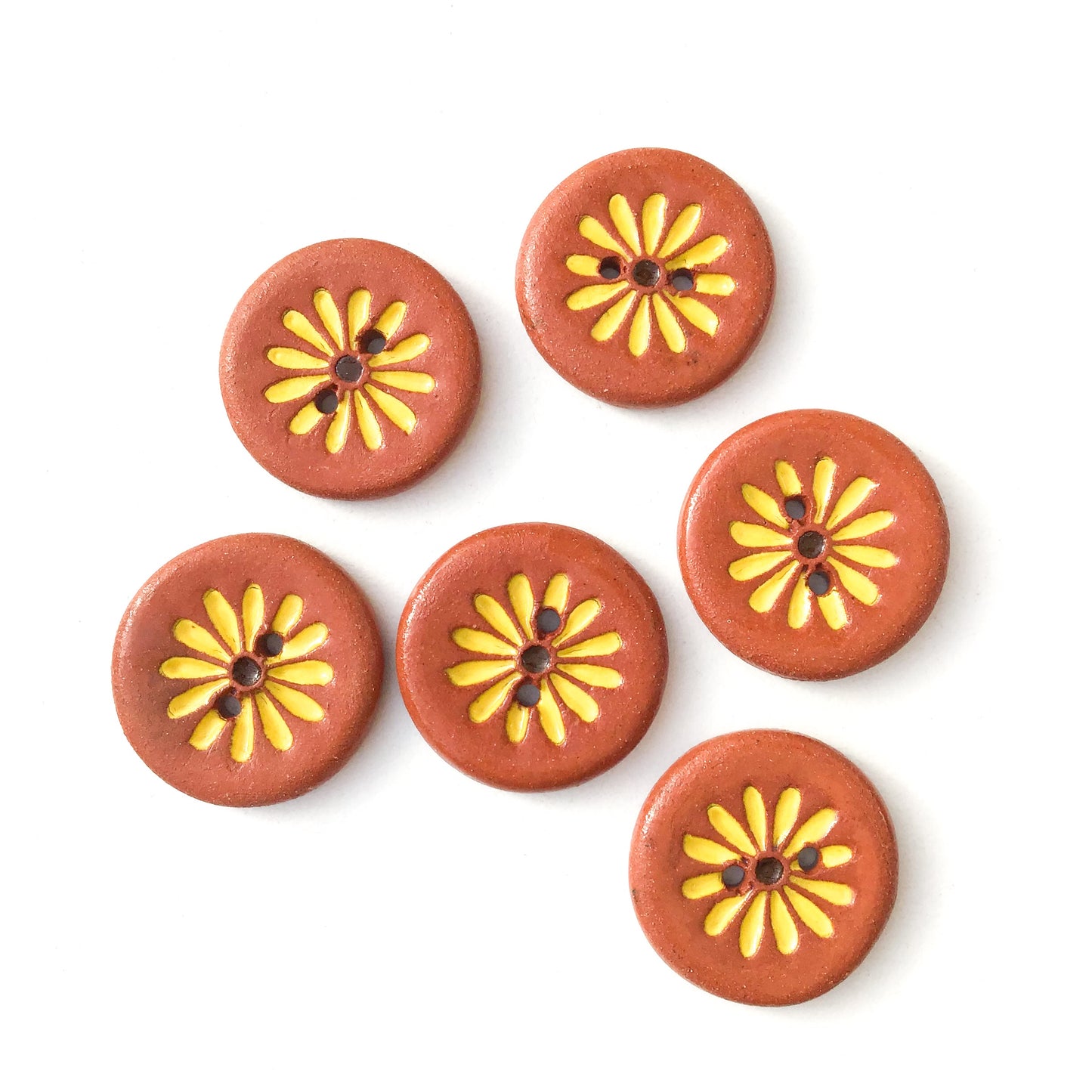 Yellow Daisy Buttons on Red Clay - Ceramic Flower Buttons - 3/4" - 7 Pack (ws-283)