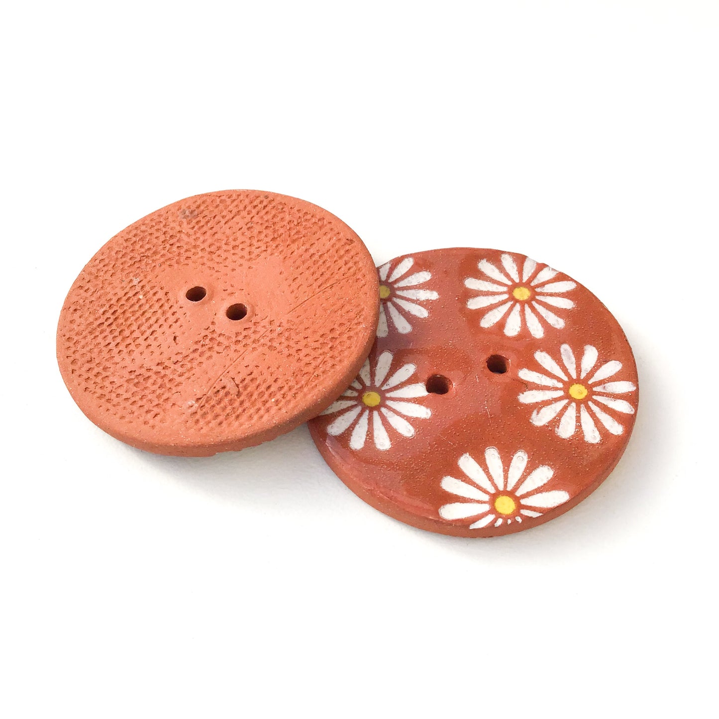 White Daisy Button on Red Clay - 1 3/8"
