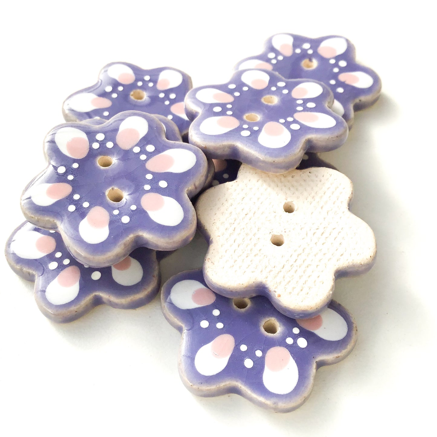 Purple Flower Shaped Ceramic Buttons - Decorative Clay Buttons - 1  1/4"