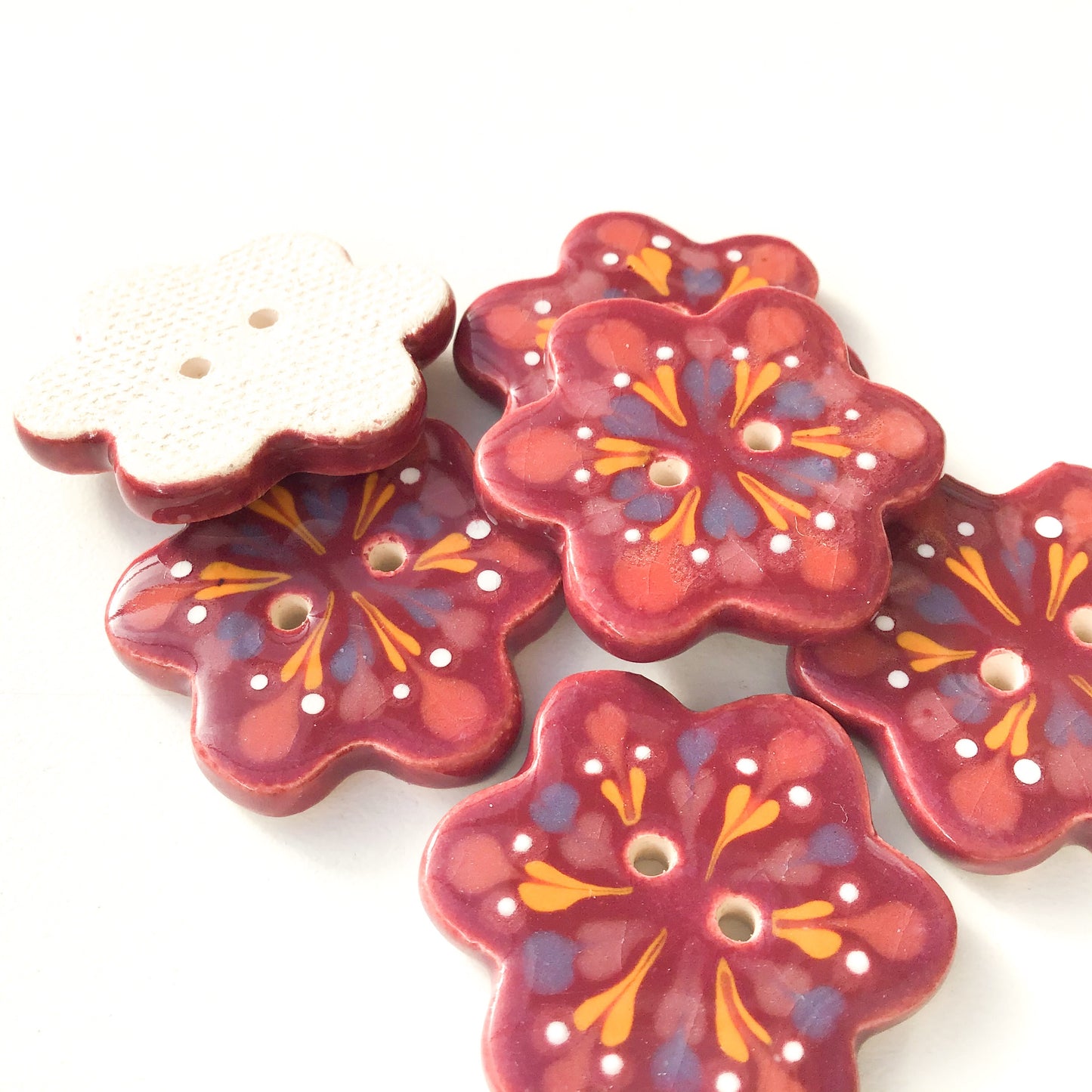 Wine Colored - Flower Shaped Ceramic Buttons - Decorative Clay Buttons - 1 1/4"