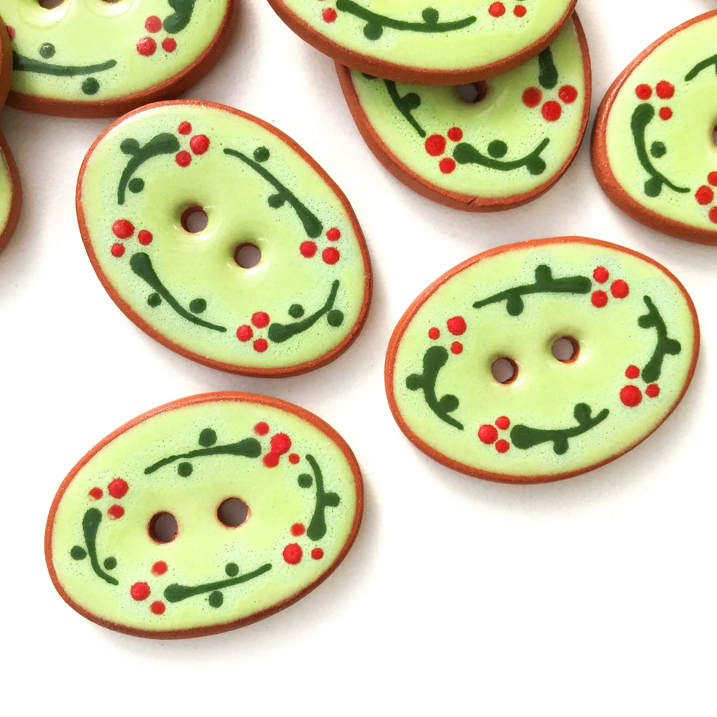 Green Ceramic Buttons with Small Red Flowers  3/4" x 1-1/16"