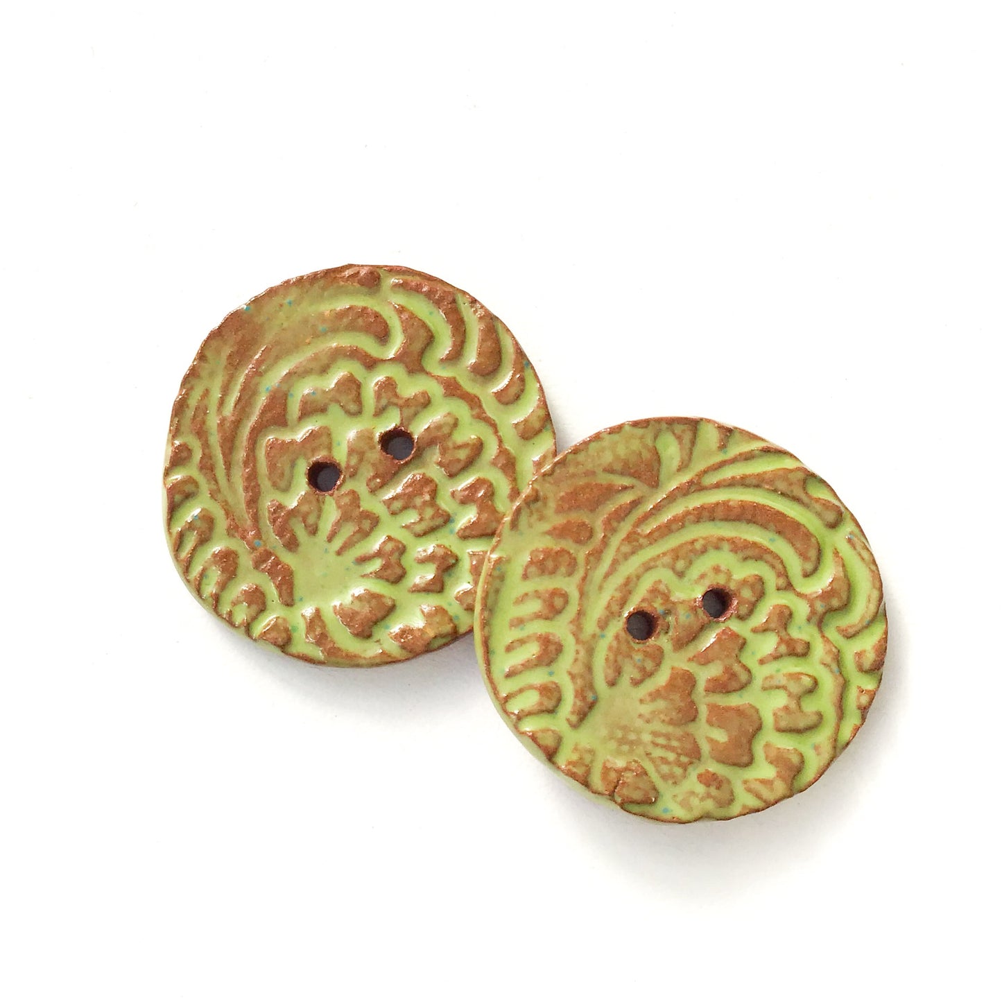 Hand Stamped Speckled Green Ceramic Buttons on Red Clay - 1 1/8" - 2 Pack