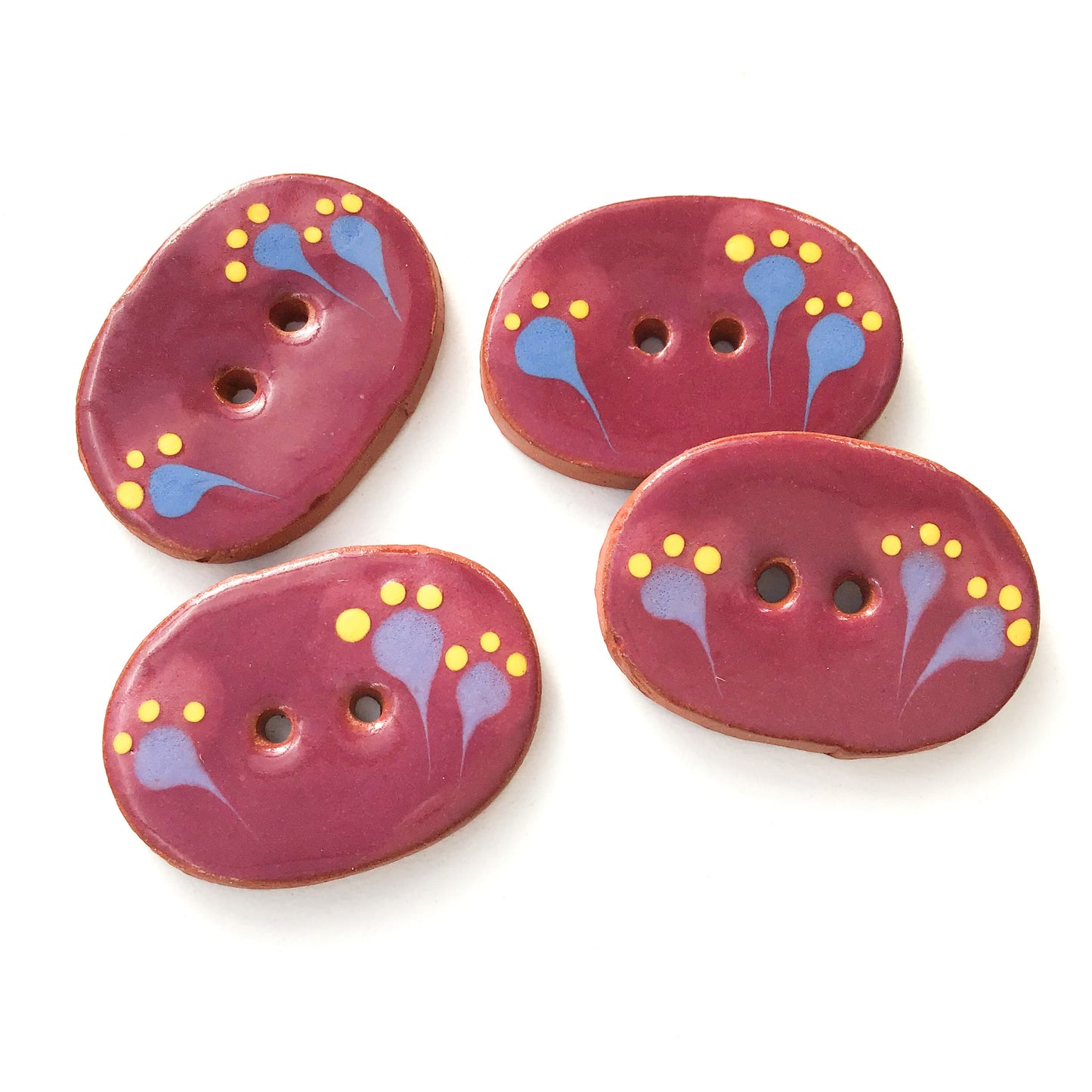Wine Purple Ceramic Buttons with Blue & Yellow Flowers - Oval Clay Buttons - 7/8" x 1 1/4"