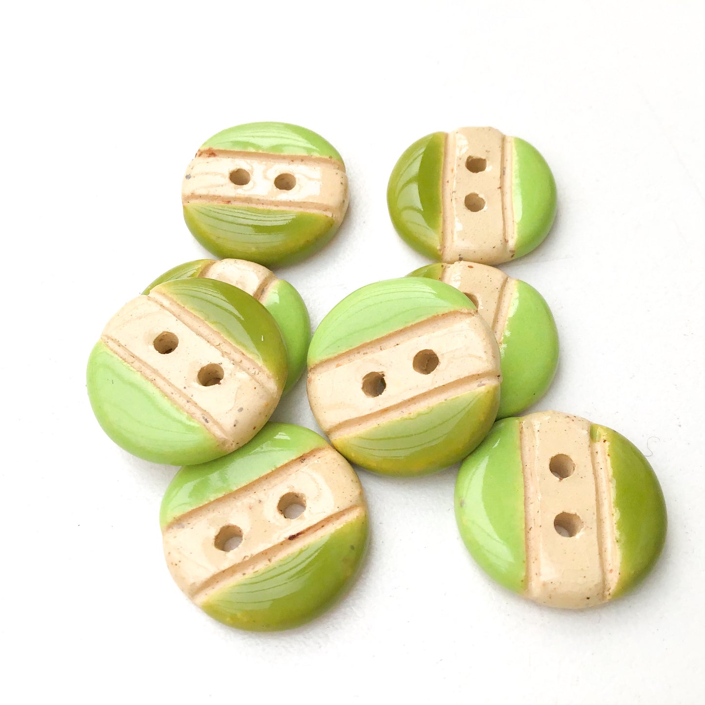 Olive & Lime Green Ceramic Buttons on Buff Clay - Round Ceramic Buttons - 11/16" - 8 Pack (ws-134)