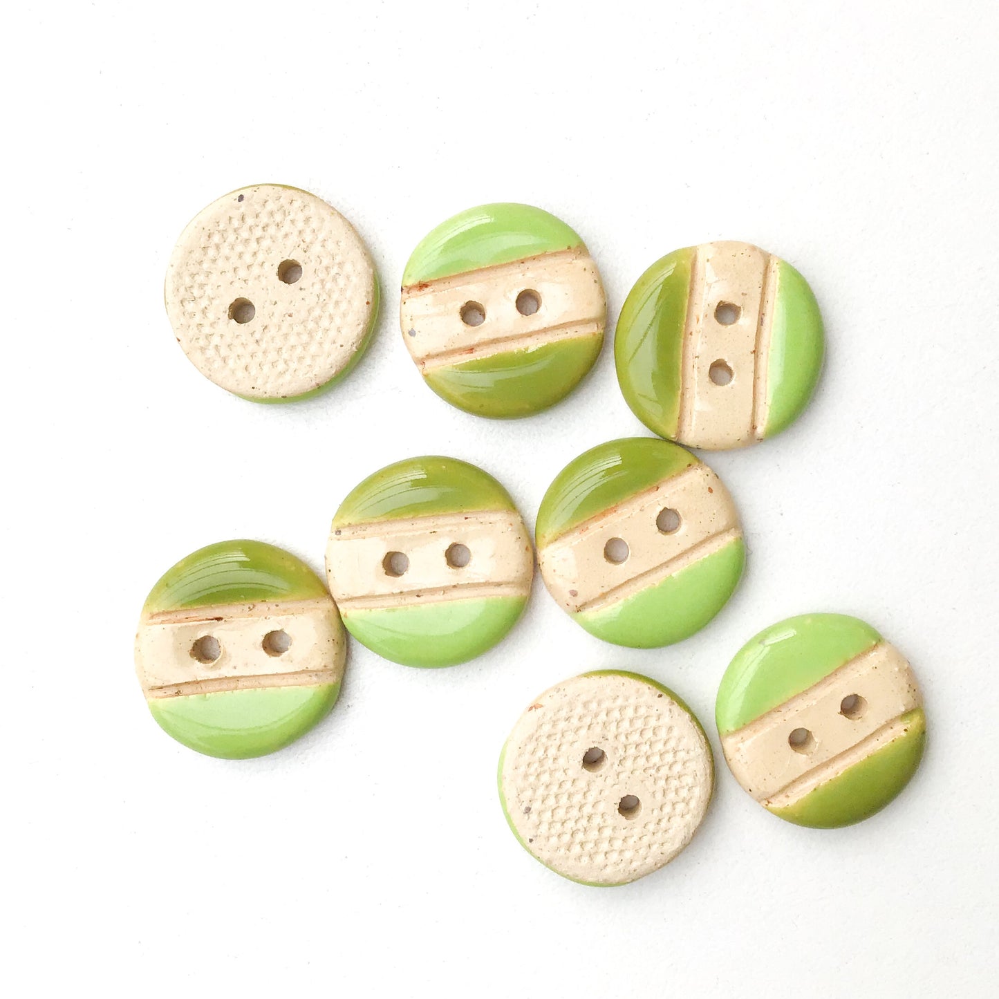 Olive & Lime Green Ceramic Buttons on Buff Clay - Round Ceramic Buttons - 11/16" - 8 Pack (ws-134)