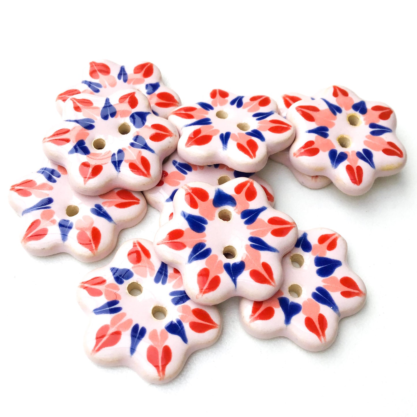 Soft Pink Flower Buttons with Red, Coral, & Blue Detail - Ceramic Flower Buttons - 1"