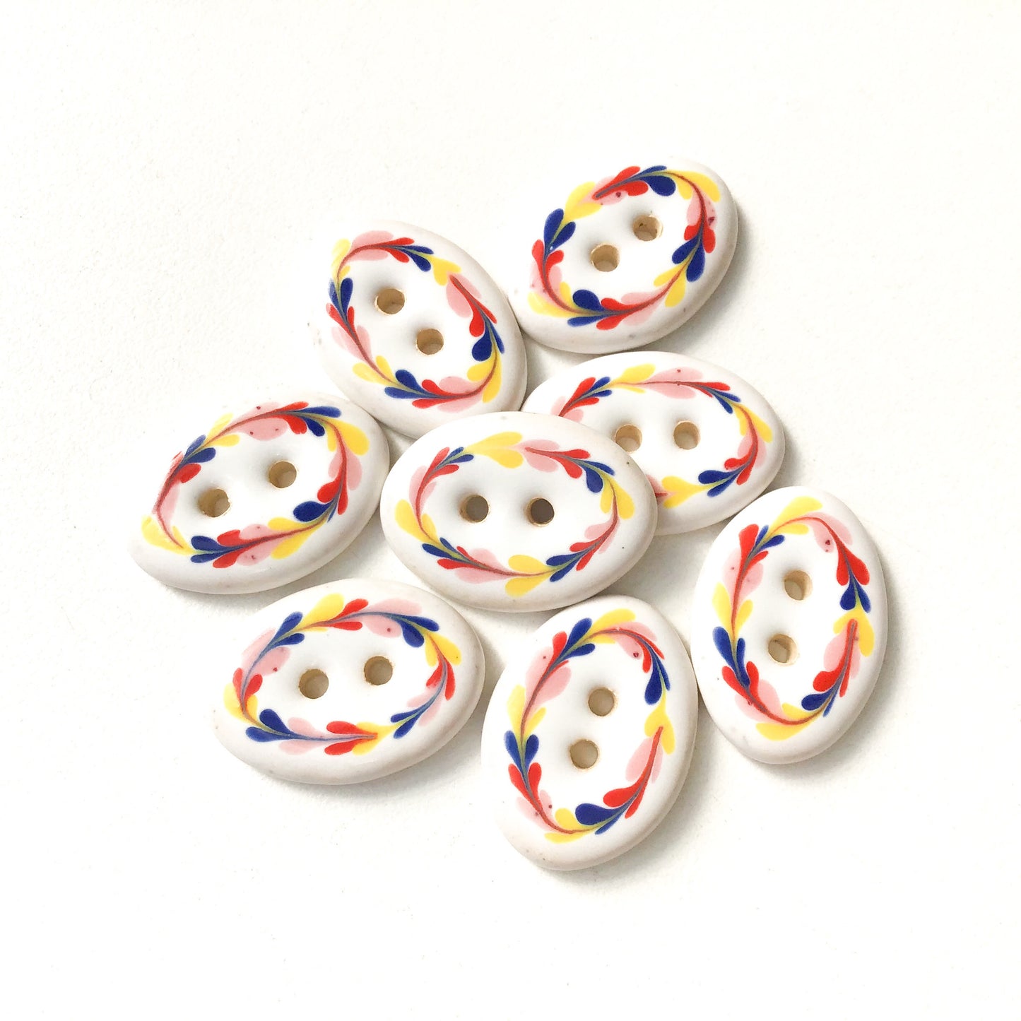 White Ceramic Buttons with Colorful Floral Wreath - Oval Clay Buttons - 5/8" x 7/8" - 8 Pack