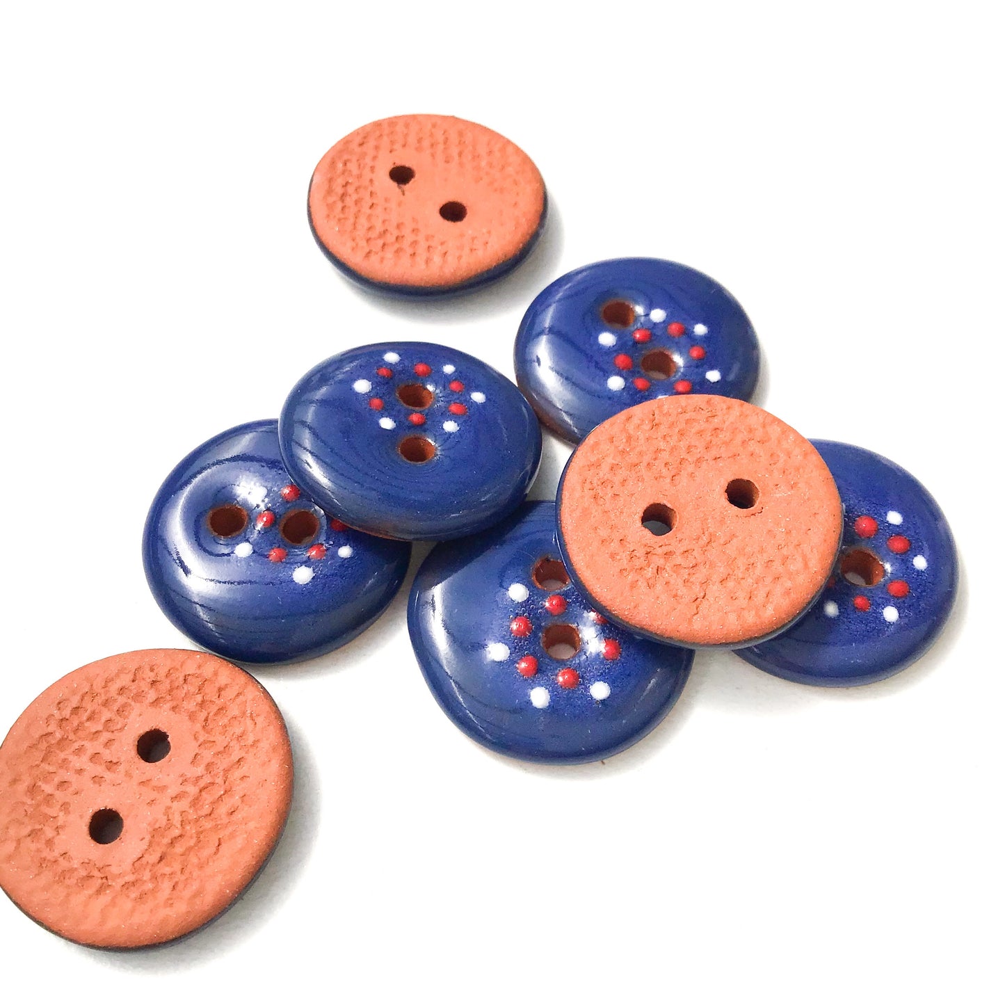 Blue, Red, & White "Spark" Ceramic Buttons - Blue Clay Buttons - 5/8" - 8 Pack
