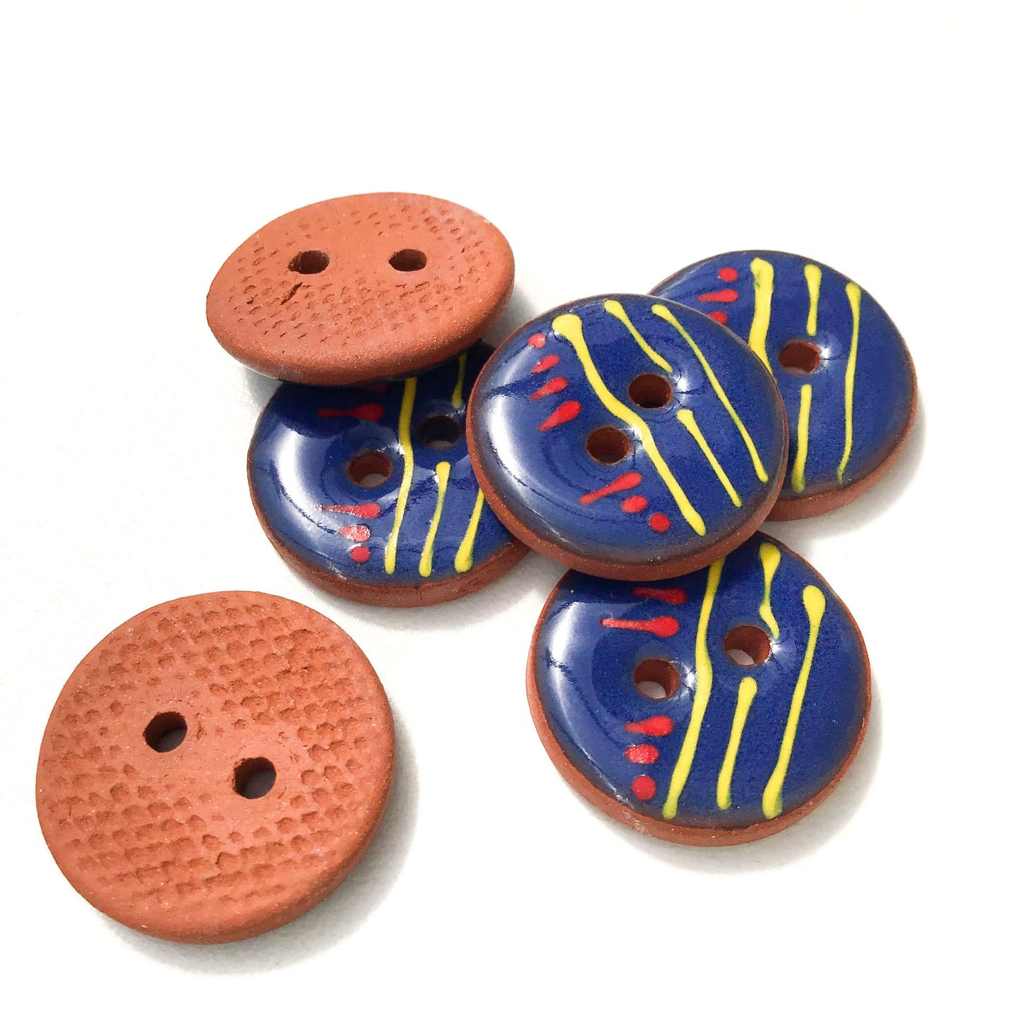 Deep Blue 'Line & Dash' Ceramic Buttons on Red Clay - Round Ceramic Buttons - 3/4" - 6 Pack
