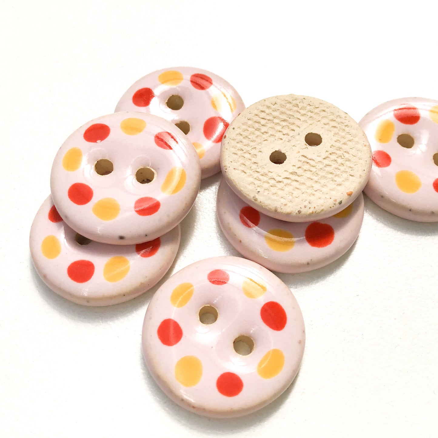 Pink Cobblestone Ceramic Buttons with Deep Orange & Yellow Dots - Pink Clay Buttons - 3/4" - 7 Pack