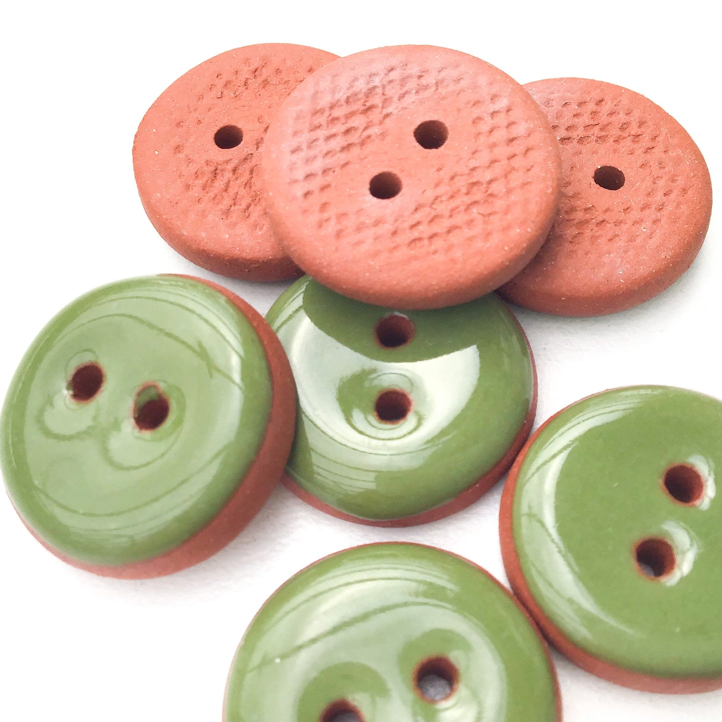 Olive Green Ceramic Buttons - Red Clay Buttons - 3/4" - 7 Pack