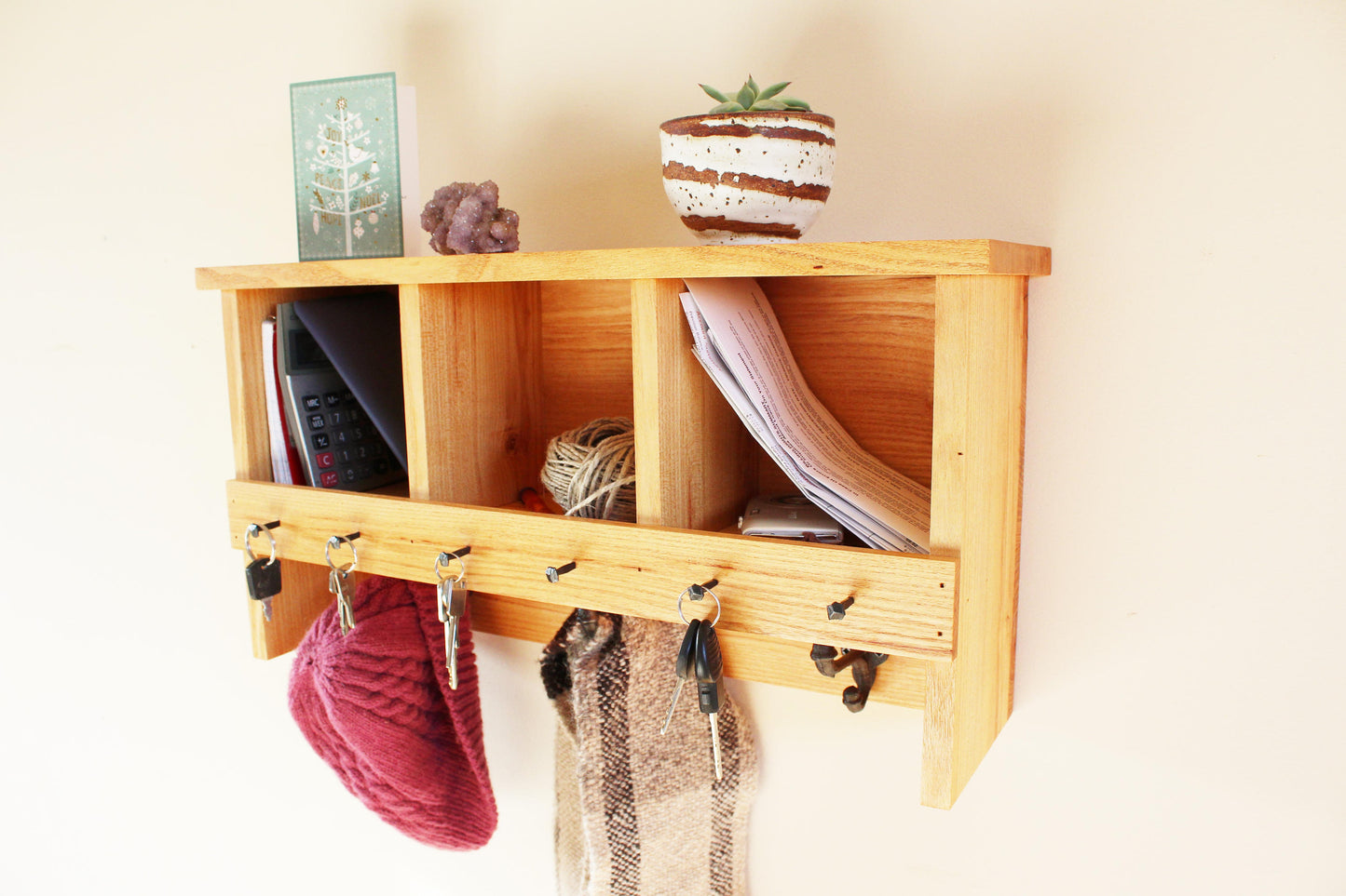 Mulberry Wood Coat Rack with Key Holder and Cubbies