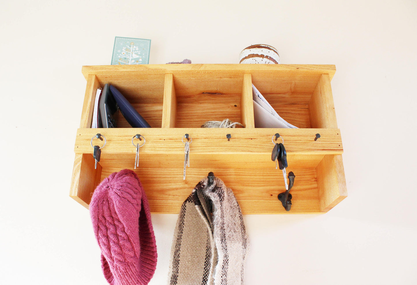 Mulberry Wood Coat Rack with Key Holder and Cubbies
